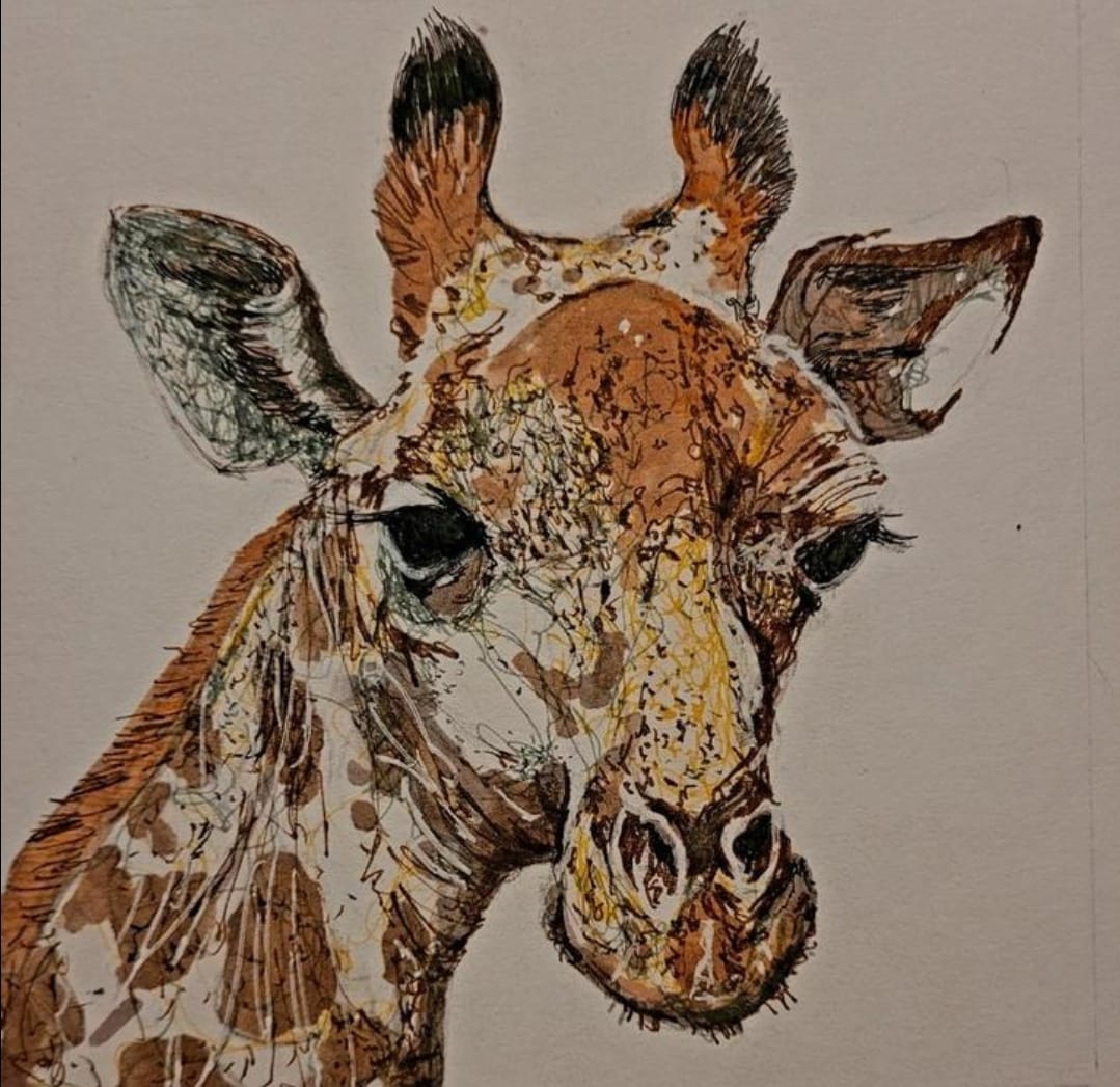 Pentekening giraffe ingelijst